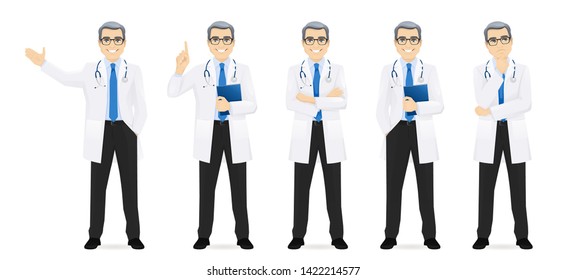 Male doctor set in different poses isolated vector illustartion