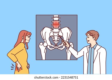 Male doctor show health problem on image to female patient. Man GP or therapist point at body part on scan to woman client in hospital. Vector illustration. 