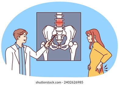 Male doctor show health problem on image to female patient. Man GP or therapist point at body part on scan to woman client in hospital. Vector illustration.