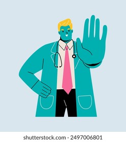 Male doctor  showing hands in stop gesture. Colored flat vector illustration
