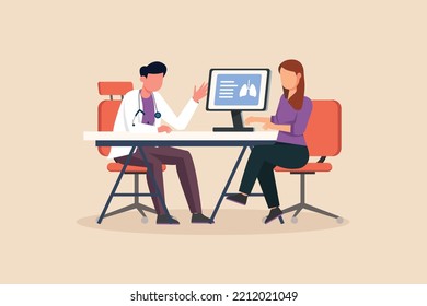 Male doctor showing scan x ray results to female patient. Doctor and patient concept. Vector illustration.  svg