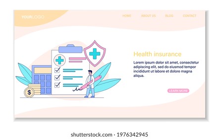 Male doctor is signing health insurance document with pencil. Doctor with checklist on clipboard paper. Website, web page, landing page template. Flat cartoon vector illustration