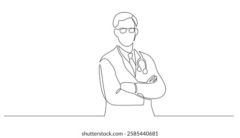 Male Doctor Silhouette Continuous One Line Drawing. Medicine Concept with Male Doctor Portrait Creativity Minimalistic Style. Business Medical Modern Continuous Line Art Drawing. Not AI