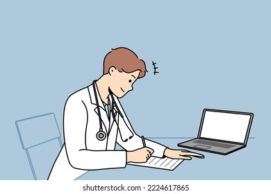 Male doctor sit at desk in hospital work on laptop write prescription to patient. Modern man GP in clinic handwrite in medical journal. Medicine. Vector illustration. 