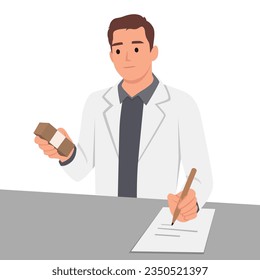 Male doctor sit at desk in hospital work on laptop write prescription to patient. Modern man GP in clinic handwrite in medical journal. Medicine. Flat vector illustration isolated on white background