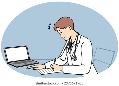 Male doctor sit at desk in hospital work on laptop write prescription to patient. Modern man GP in clinic handwrite in medical journal. Medicine. Vector illustration.