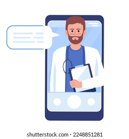 Male doctor in smartphone flat concept vector illustration. Internet medicine service. Editable 2D cartoon character on white for web design. Creative idea for website, mobile, presentation