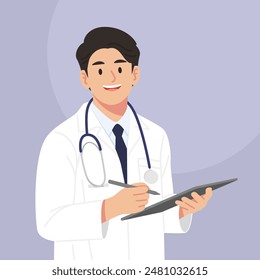 Male doctor smiling with happy face. Holding a computer tablet. Flat vector style characters, Healthcare illustrations.