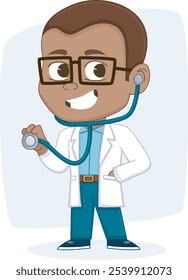 Male doctor smiling with happy face. Holding a computer tablet. Flat vector style characters, Healthcare illustrations.