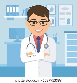 The male doctor smiling with a happy face.  Flat vector style characters, Healthcare illustrations.