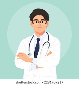 Doctor, stethoscope and blue tie background. Medical health care banner  design with doctor and blue necktie. Vector illustration Stock Vector