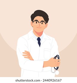 Un doctor sonriendo. Confianza en sí mismo. Personajes planos de estilo vectorial, ilustraciones para el sector sanitario.