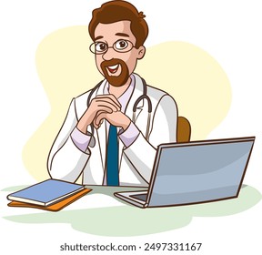 Male doctor smiling. Self-confidence. Flat vector style characters, Healthcare illustrations.