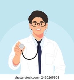 Male doctor smiling and using stethoscope. Flat vector style characters, Healthcare illustrations.