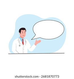 Médico masculino con la Ilustración vectorial de la burbuja del habla para el concepto de la comunicación de la atención sanitaria