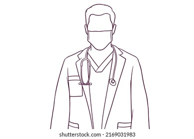 male doctor standing with facial mask and a stethoscope. medical concept. hand drawn style vector illustration