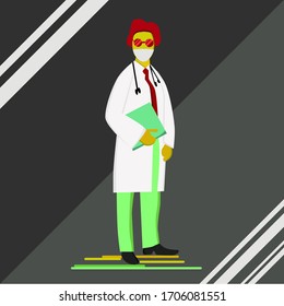 A male doctor is standing with a mask on his mouth. Vector illustration flat design style.