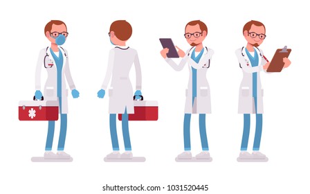 Male doctor standing pose. Man in hospital uniform with red box, files. Medicine and healthcare concept. Vector flat style cartoon illustration isolated on white background, front, rear view