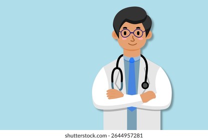 Male Doctor Standing with Stethoscope in Flat Vector Illustration