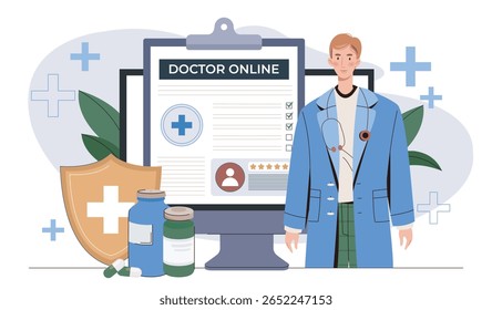 A male doctor stands beside a computer screen displaying an online medical consultation form, with medicine bottles and a shield on a white background. Vector illustration