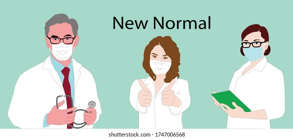 A male doctor with stethoscope and 2 female doctors with mask action two thumbnails over words New normal, symbol creative concept of the new normal life style.