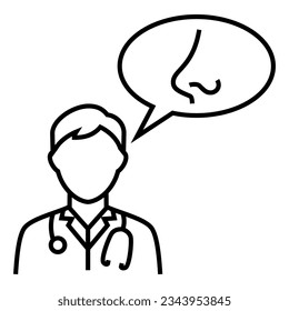 Male doctor with stethoscope talking about ENT Specialist system icon design. Bubble chat with nose symbol vector illustration.