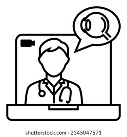 Male doctor with stethoscope talking about eye health from tele conference on laptop icon design. Bubble chat with eyeball symbol vector illustration.