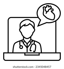 Male doctor with stethoscope talking about  cardio health from tele conference on laptop icon design. Bubble chat with heart symbol vector illustration.