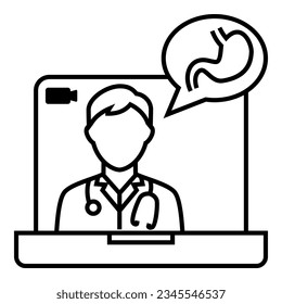 Male doctor with stethoscope talking about digestive health from tele conference on laptop icon design. Bubble chat with stomach symbol vector illustration.