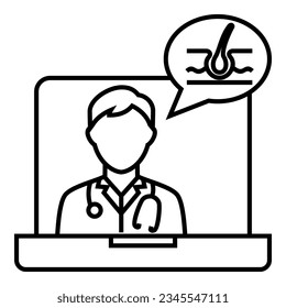 Male doctor with stethoscope talking about scalp and dermatology health from tele conference on laptop icon design. Bubble chat with hair follicles symbol vector illustration.