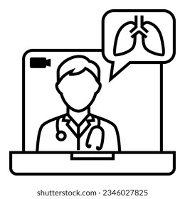 Male doctor with stethoscope talking about respiratory health from tele conference on laptop icon design. Bubble chat with lungs symbol vector illustration.