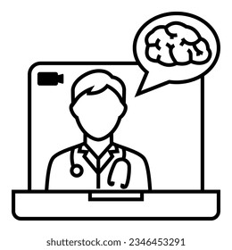 Male doctor with stethoscope talking about brain nerves system from tele conference on laptop icon design. Bubble chat with brain  symbol vector illustration.