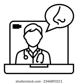 Male doctor with stethoscope talking about ENT Specialist system from tele conference on laptop icon design. Bubble chat with nose symbol vector illustration.