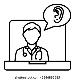 Male doctor with stethoscope talking about ENT Specialist system from tele conference on laptop icon design. Bubble chat with ear symbol vector illustration.