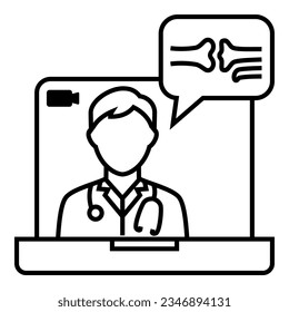 Male doctor with stethoscope talking about Orthopedic Specialist system from tele conference on laptop icon design. Bubble chat with bone symbol vector illustration.