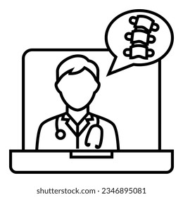 Male doctor with stethoscope talking about Orthopedic Specialist system from tele conference on laptop icon design. Bubble chat with bone symbol vector illustration.