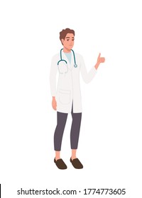 Male doctor with stethoscope and thumb up cartoon character design flat vector illustration isolated on white background