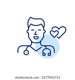 Male doctor with stethoscope and two hearts. Medical workers on dating app. Pixel perfect, editable stroke icon