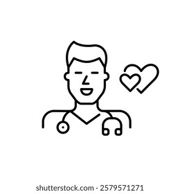 Male doctor with stethoscope and two hearts. Medical workers on dating app. Pixel perfect vector icon