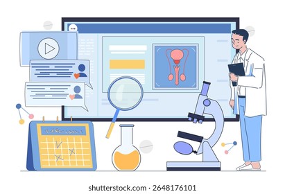 Male doctor studying urology data on screen with microscope, calendar, beaker, chat bubbles and reproductive system graphics. Medical analysis concept. Vector illustration