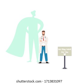 Male doctor with superhero shadow behind his back. Hospital staff, heroes of medicine, are fighting the coronavirus pandemic, the epidemic. Vector illustration of EPS 10