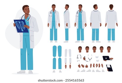 Male doctor surgeon, radiologist in hospital. Character constructor for animation. Front, side and back view set. Body parts, postures, poses collection. Vector illustration.