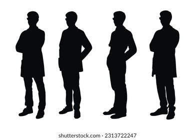 Male doctor and surgeon silhouette collection. Man physician wearing aprons and standing silhouette bundles. Scientist boys with anonymous faces. Male doctor silhouette on a white background.