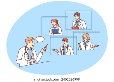 Male doctor talk on video call with colleagues consulting. GP have online consultation with coworkers on webcam. Teamwork. Vector illustration.