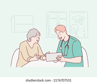 Male doctor talking to patient. Hand drawn style vector design illustrations.