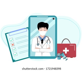 Male doctor, therapist an online consultation service. Ask doctor. Online medical advise or consultation service. vector flat illustration. 