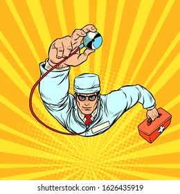 Male doctor therapist with stethoscope. Pop art retro vector illustration 50s 60s style
