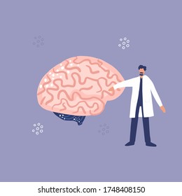 Male doctor treat brain. Medical illustration. Brain health check banner template