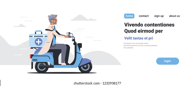 male doctor in uniform riding scooter with medical surgical box first aid concept isolated flat horizontal copy space vector illustration