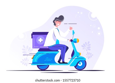 médico varón en motocicleta uniforme con el concepto de caja quirúrgica médica de primeros auxilios aislado horizontal copia plana espacio ilustración vectorial